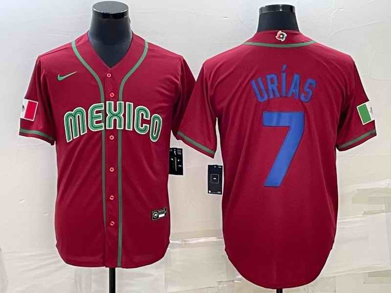 Men's Mexico Baseball #7 Julio Ur'as 2023 Red Blue World Baseball Classic Stitched Jersey