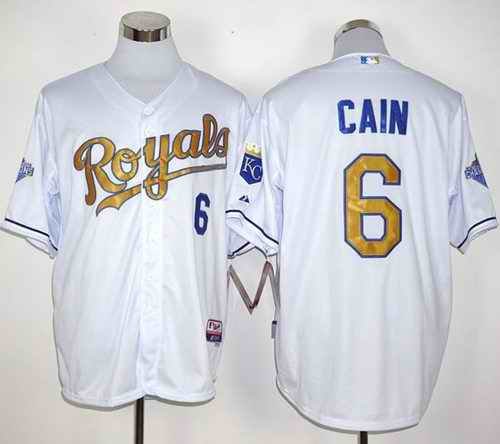 Royals #6 Lorenzo Cain White 2015 World Series Champions Gold Program Stitched MLB Jersey