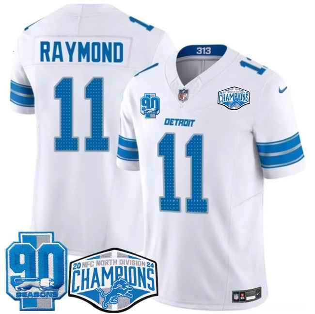 Men's Detroit Lions #11 Kalif Raymond White 2024 NFC North Champions 90th Anniversary Patch F.U.S.E. Vapor Limited Stitched Jersey