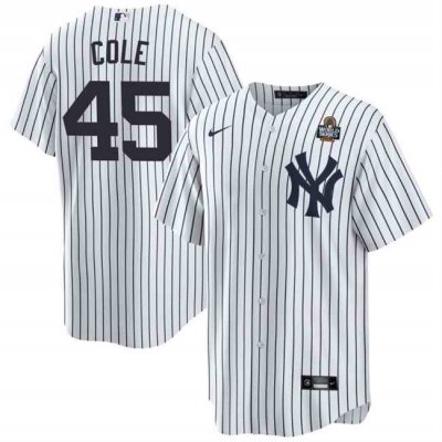 Men's New York Yankees #45 Gerrit Cole White 2024 World Series With Name Cool Base Stitched Baseball Jersey