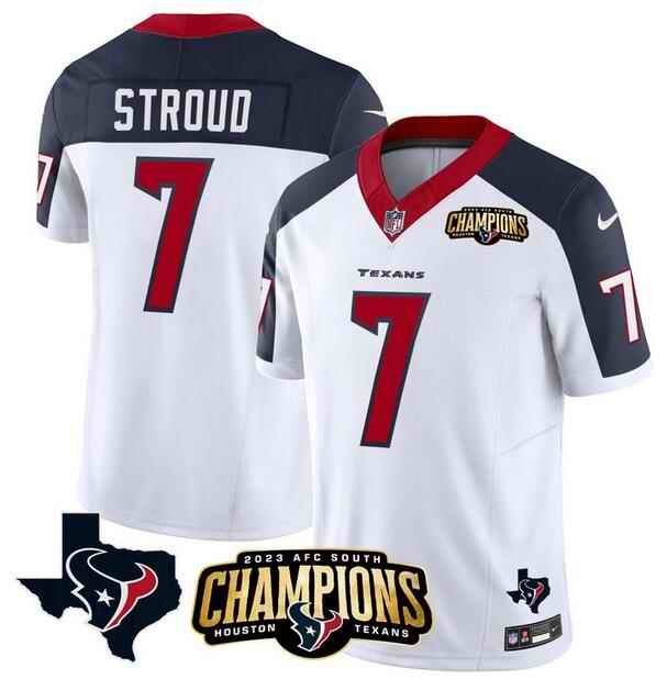 Men's Houston Texans #7 C.J. Stroud White/Navy 2023 F.U.S.E. AFC South Champions Patch And Team Logo Patch Vapor Untouchable Limited Stitched Football Jersey