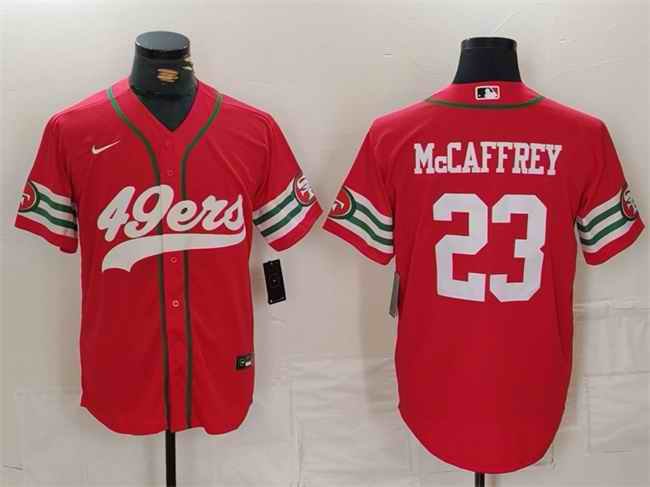 Men's San Francisco 49ers #23 Christian McCaffrey Red With Patch Cool Base Stitched Baseball Jersey