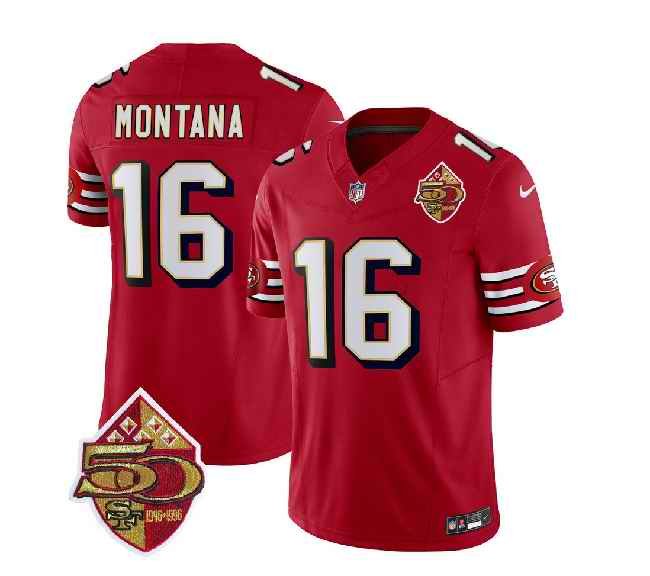 Men's San Francisco 49ers #16 Joe Montana Red 2023 F.U.S.E. 50th Patch Throwback Stitched Football Jersey