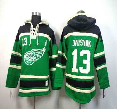 Red Wings #13 Pavel Datsyuk Green St. Patrick's Day McNary Lace Hoodie Stitched NHL Jersey