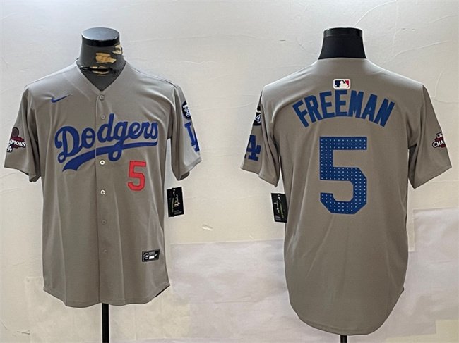 Men's Los Angeles Dodgers #5 Freddie Freeman Grey 2024 World Series Champions With Fernando Memorial Patch Limited Stitched Baseball Jersey