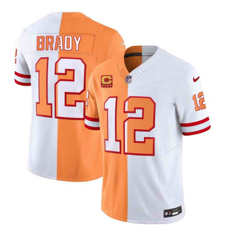 Men's Tampa Bay Buccaneers #12 Tom Brady 2023 F.U.S.E. White/Orange With 4-Star C Patch Split Throwback Limited Stitched Jersey