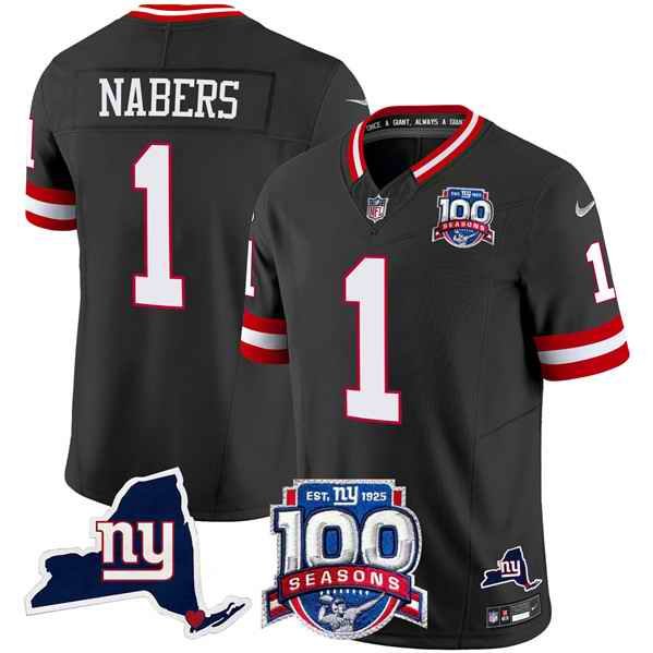 Men's New York Giants #1 Malik Nabers Black 2024 F.U.S.E. 100th Season And State Patch Vapor Limited Stitched Football Jersey