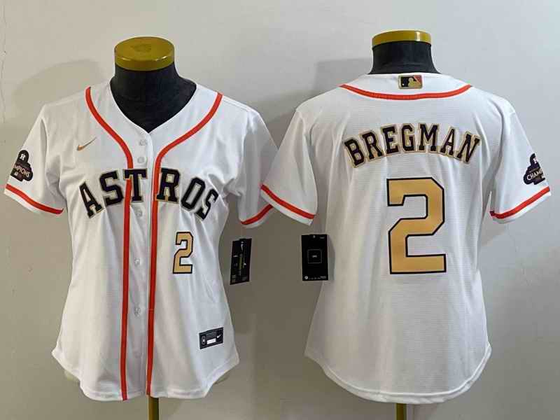 Women's Houston Astros #2 Alex Bregman White 2023 Gold Collection With World Serise Champions Patch Stitched Jersey(Run Small)