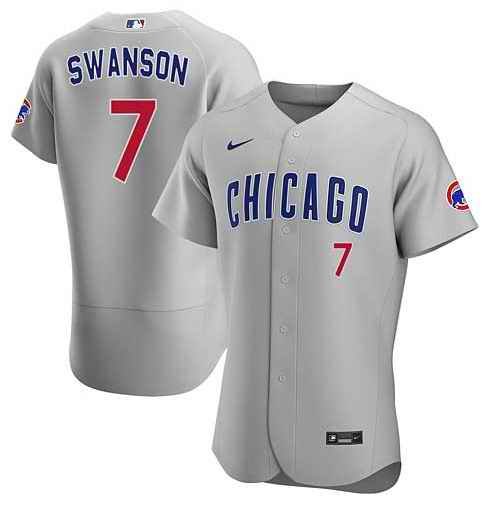 Men's Chicago Cubs #7 Dansby Swanson Grey Flex Base Stitched Baseball Jersey