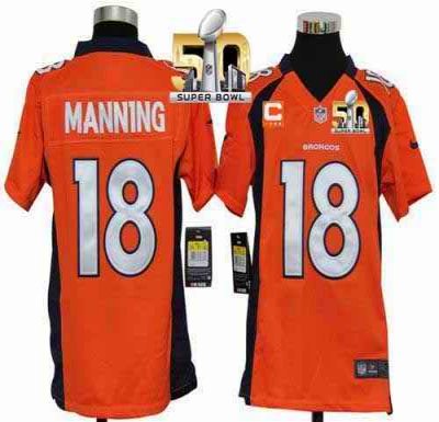 Nike Broncos #18 Peyton Manning Orange Team Color With C Patch Super Bowl 50 Youth Stitched NFL Elite Jersey