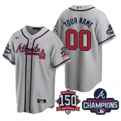 Men's Atlanta Braves Customized 2021 Grey World Series Champions With 150th Anniversary Cool Base Stitched Jersey