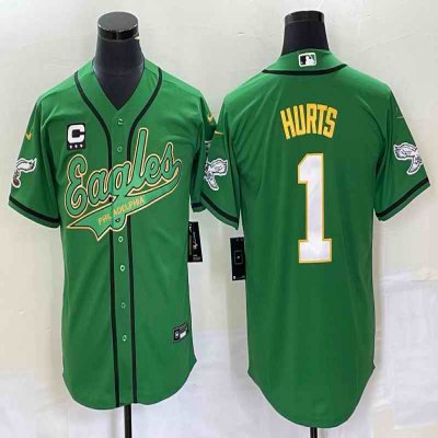 Men's Philadelphia Eagles #1 Jalen Hurts Green Gold With C Patch Cool Base Stitched Baseball Jersey