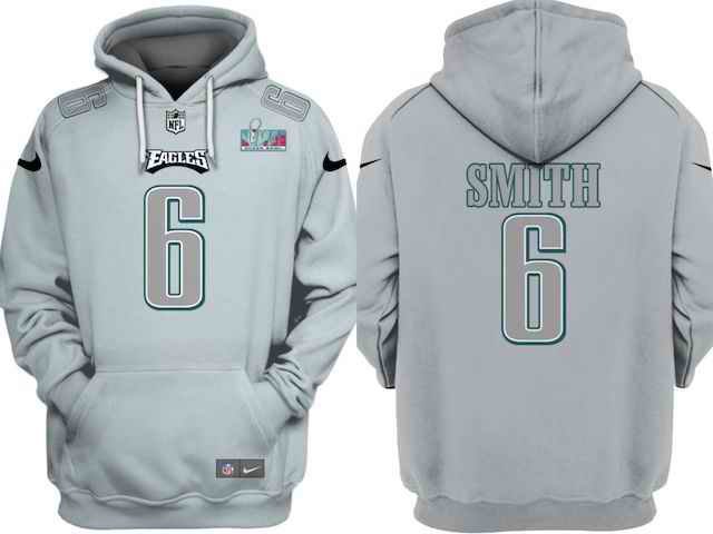 Men's Philadelphia Eagles #6 DeVonta Smith Grey Atmosphere Fashion Super Bowl LVII Patch Pullover Hoodie