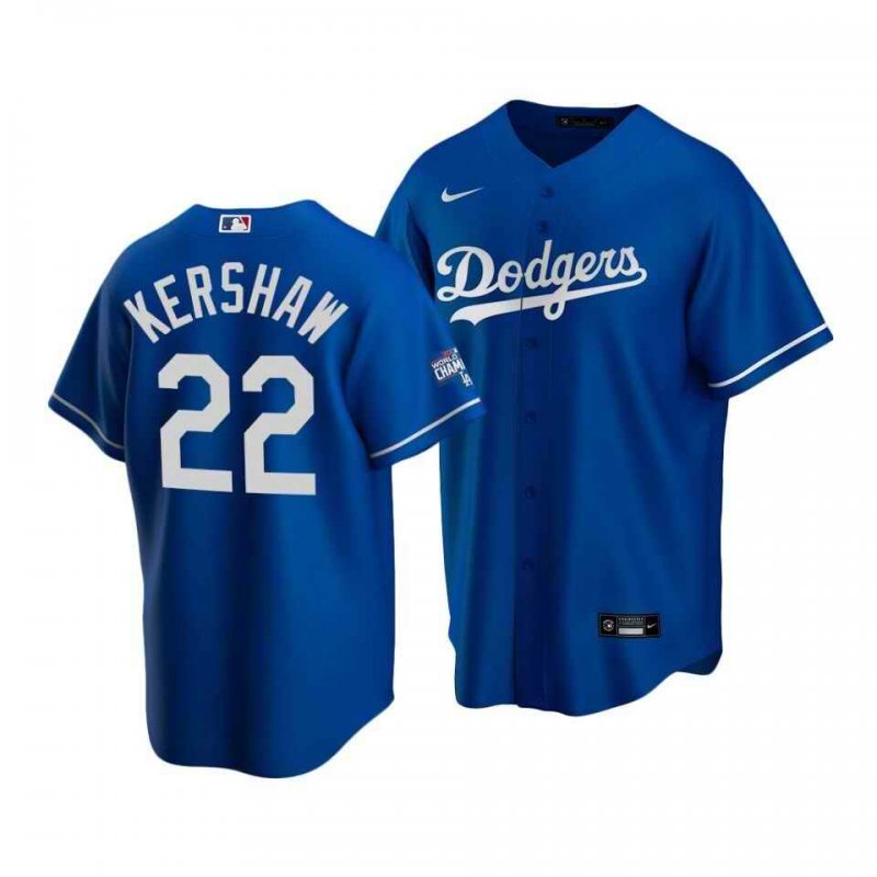 Men's Los Angeles Dodgers #22 Clayton Kershaw Blue 2020 World Series Champions Home Patch Stitched Jersey