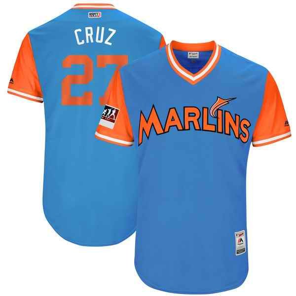 Men's Miami Marlins #27 Giancarlo Stanton Cruz Majestic Light Blue/Orange 2018 Players' Weekend Authentic Stitched MLB Jersey