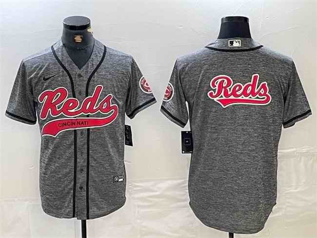 Men's Cincinnati Reds Grey Team Big Logo Cool Base Stitched Baseball Jersey