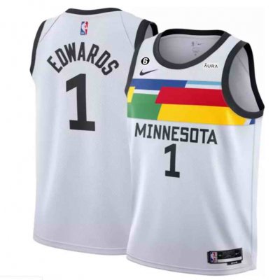 Men's Minnesota Timberwolves #1 Anthony Edwards White 2022/23 City Edition With NO.6 Patch  Stitched Jersey