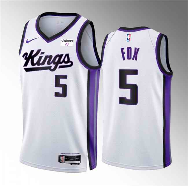 Men's Sacramento Kings #5 De'Aaron Fox White 2023/24 Association Edition Swingman Stitched Basketball Jersey