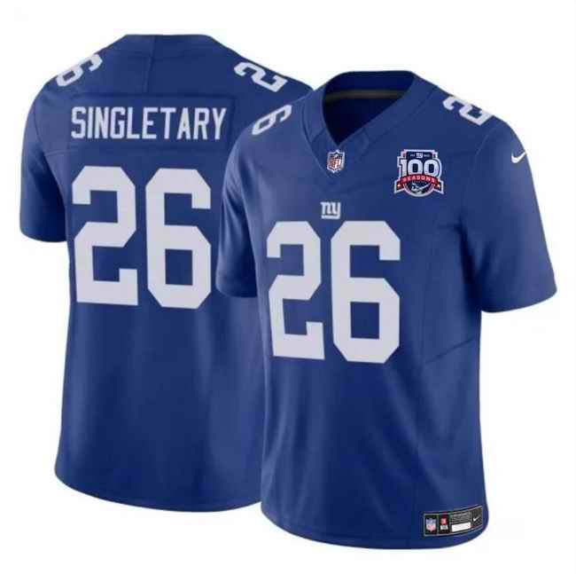 Men's New York Giants #26 Devin Singletary Blue 2024 F.U.S.E. 100TH Season Patch Vapor Untouchable Limited Stitched Jersey