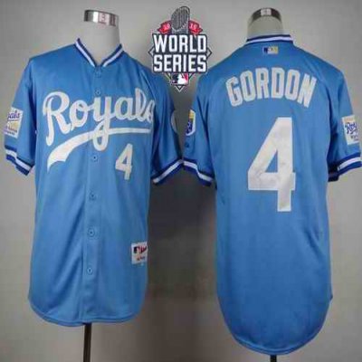 Royals #4 Alex Gordon Light Blue 1985 Turn Back The Clock W/2015 World Series Patch Stitched MLB Jersey