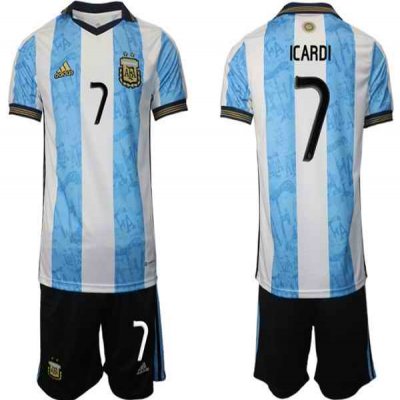 Men's Argentina #7 Icardi White/Blue Home Soccer Jersey Suit