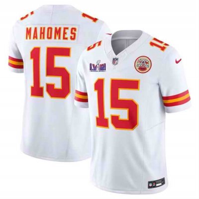 Youth Kansas City Chiefs #15 Patrick Mahomes White Super Bowl LVIII Patch 2023 F.U.S.E. Vapor Untouchable Limited Stitched Jersey