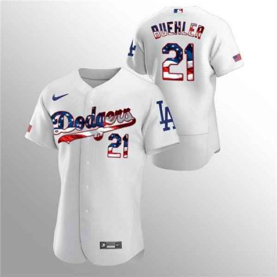 Men's Los Angeles Dodgers #21 Walker Buehler White 2020 Stars & Stripes Flex Base Stitched Jersey