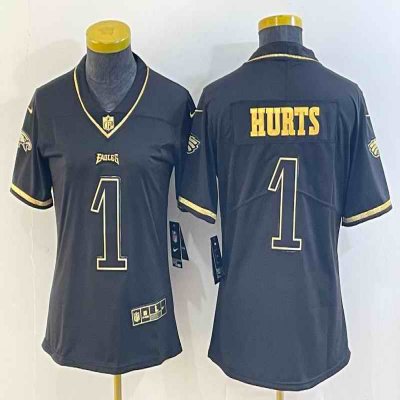 Women's Philadelphia Eagles #1 Jalen Hurts Black Golden Edition Stitched Football Jersey(Run Small)