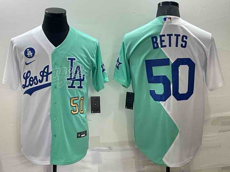 Men's Los Angeles Dodgers #50 Mookie Betts 2022 All-Star White/Green Cool Base Stitched Baseball Jersey