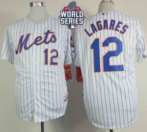 Mets #12 Juan Lagares White(Blue Strip) Home Cool Base W/2015 World Series Patch Stitched MLB Jersey