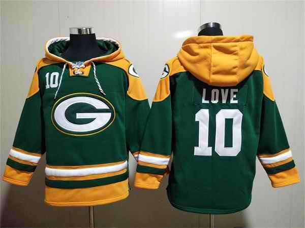 Men's Green Bay Packers #10 Jordan Love Green Lace-Up Pullover Hoodie