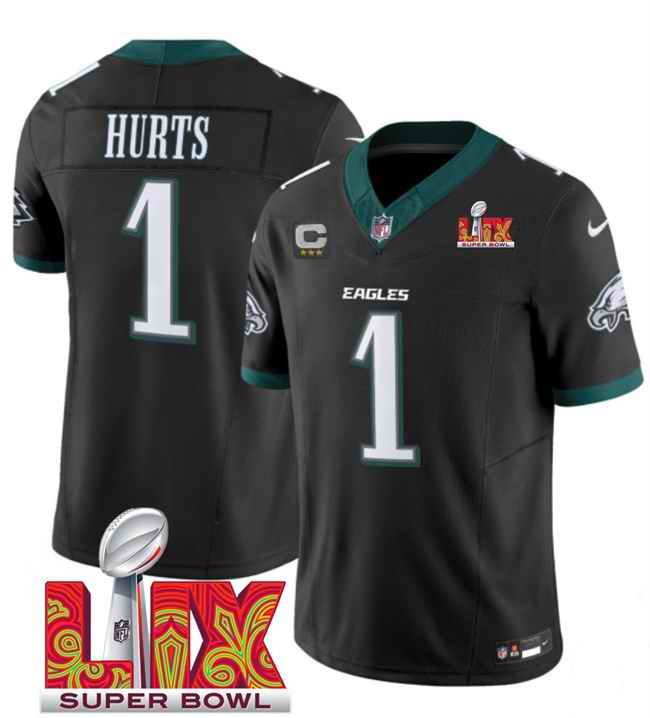 Men's Philadelphia Eagles #1 Jalen Hurts Black 2025 Super Bowl LIX Patch And 3-Star C Patch New F.U.S.E. Vapor Untouchable Limited Stitched Football Jersey