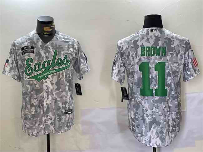 Men's Philadelphia Eagles #11 A. J. Brown 2024 Arctic Camo Salute to Service Stitched Baseball Jersey