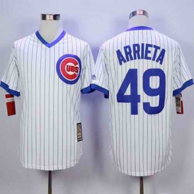 Cubs #49 Jake Arrieta White Strip Home Cooperstown Stitched MLB Jersey