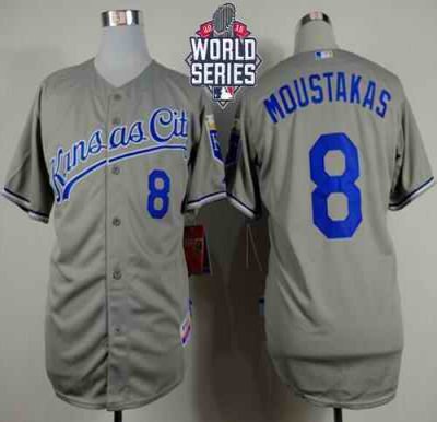 Royals #8 Mike Moustakas Grey Cool Base W/2015 World Series Patch Stitched MLB Jersey