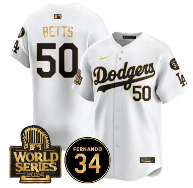 Men's Los Angeles Dodgers #50 Mookie Betts White/Gold 2024 World Series With Fernando Memorial Patch Limited Stitched Baseball Jersey