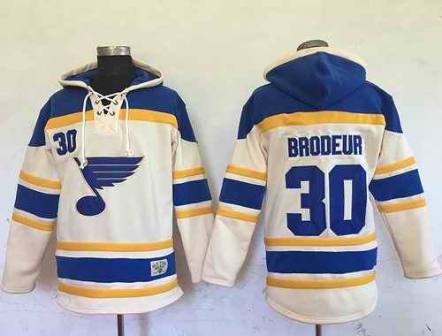 Blues #30 Martin Brodeur Cream Sawyer Hooded Sweatshirt Stitched NHL Jersey