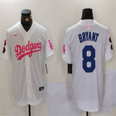 Men's Los Angeles Dodgers #8 Kobe Bryant White/Pink Vin & Kobe Patch Stitched Baseball Jersey