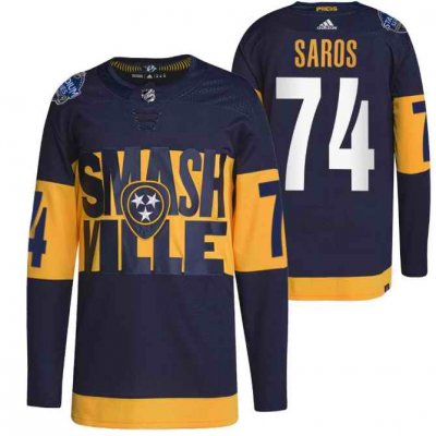 Men's Nashville Predators #74 Juuse Saros 2022 Navy Stadium Series Breakaway Player Stitched Jersey