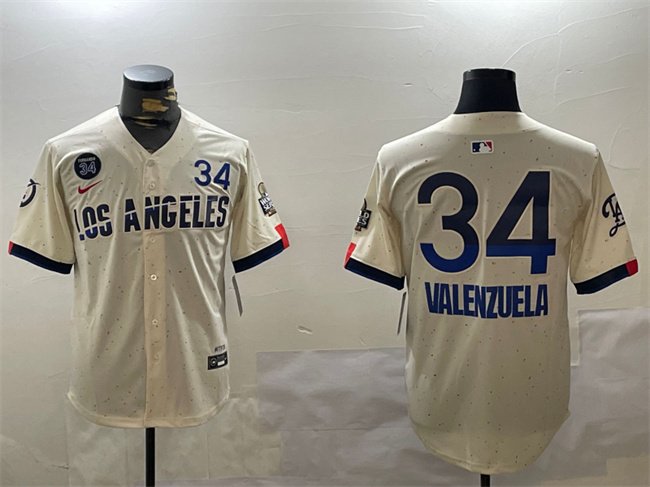 Men's Los Angeles Dodgers #34 Toro Valenzuela Cream 2024 World Series With Fernando Memorial Patch City Connect Limited Stitched Baseball Jersey