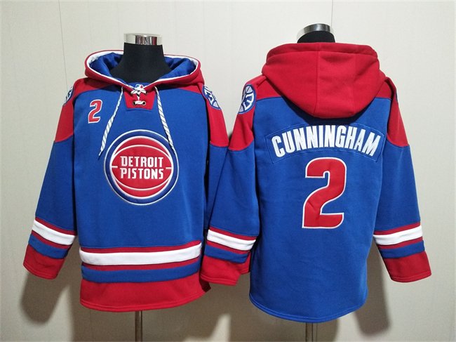 Men's Detroit Pistons #2 Cade Cunningham Blue/Red Lace-Up Pullover Hoodie