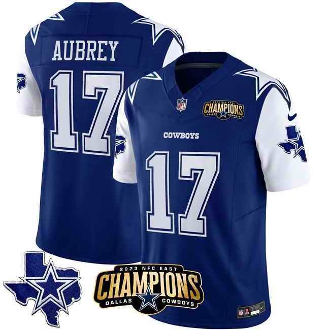 Men's Dallas Cowboys #17 Brandon Aubrey Blue/White 2023 F.U.S.E. NFC East Champions Patch Stitched Football Jersey