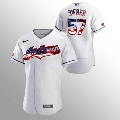 Men's Cleveland Indians #57 Shane Bieber White 2020 Stars & Stripes Flex Base Stitched Jersey