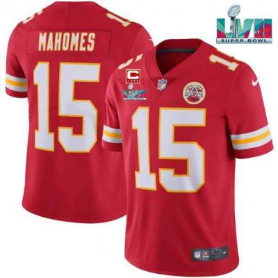 Men's Kansas City Chiefs #15 Patrick Mahomes Red Super Bowl LVII Patch And 4-star C Patch Vapor Untouchable Limited Stitched Jersey