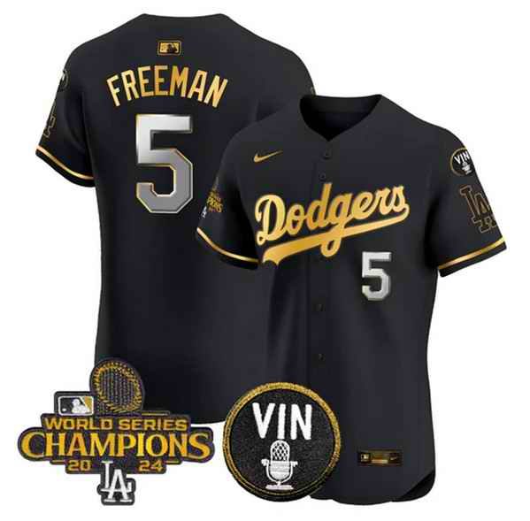 Men's Los Angeles Dodgers #5 Freddie Freeman Black/Gold 2024 World Series Champions With Vin Patch Vapor Limited Stitched Baseball Jersey