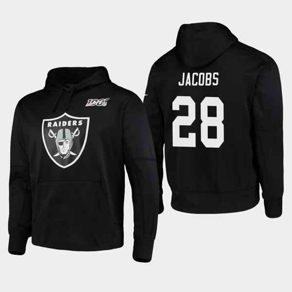 Men's Oakland Raiders #28 Josh Jacobs Black 100th Season Primary Logo Pullover Hoodie