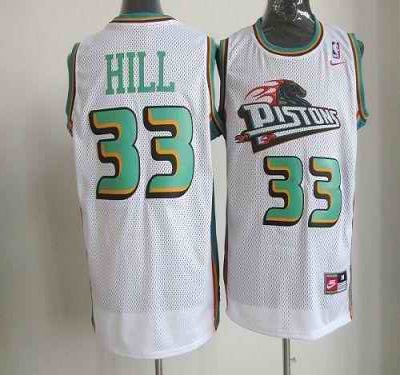 Nike Pistons #33 Hill White Throwback Stitched NBA Jersey