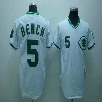 Mitchell and Ness Reds #5 Johnny Bench Stitched White Green Patch Throwback MLB Jersey