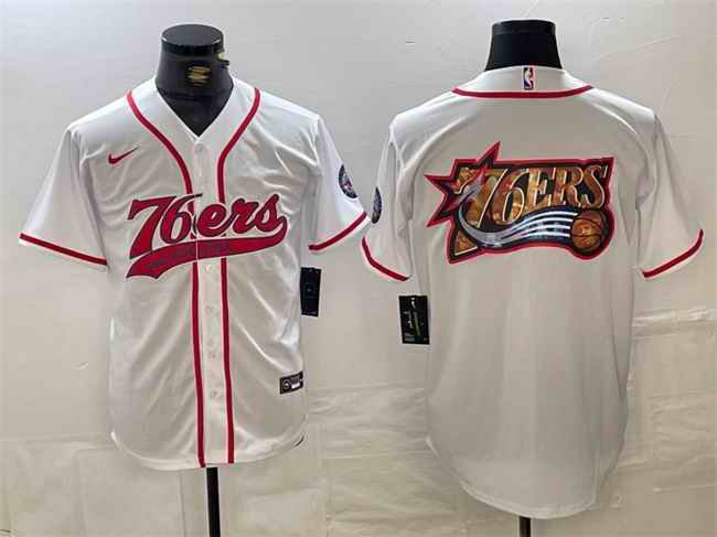 Men's Philadelphia 76ers Team Big Logo White Cool Base Stitched Baseball Jersey