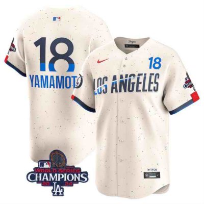 Men's Los Angeles Dodgers #18 Yoshinobu Yamamoto Cream 2024 World Series Champions City Connect Limited Stitched Baseball Jersey